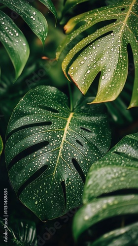 Lush Green Monstera Leaves With Raindrops Sparkling in the Sunlight