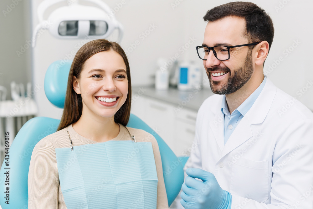 Fototapeta premium A dentist smiling while consulting with a young female patient in a dental clinic.