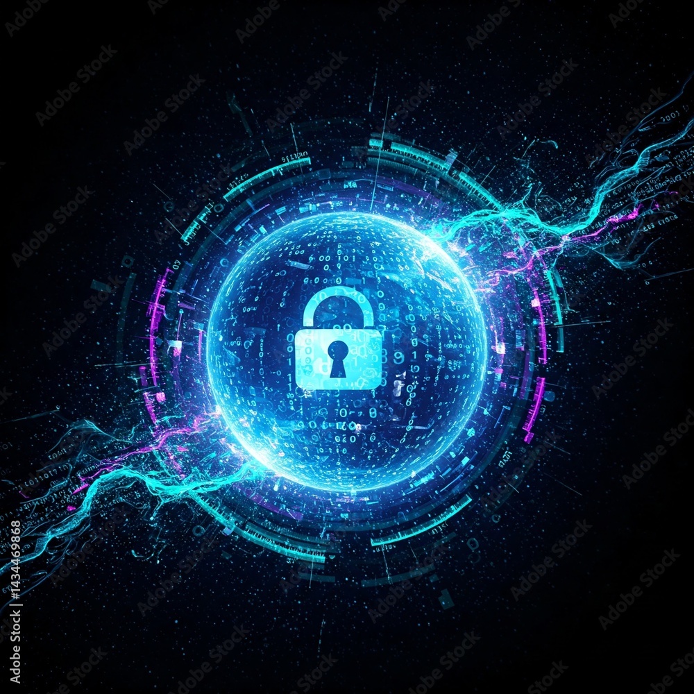 Obraz premium Quantum Encryption Sphere Spinning Code High Security Isolated on White