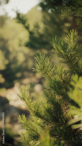 Pine Branches in Sunlight Near a Tranquil Forest Stream During Early Morning ...