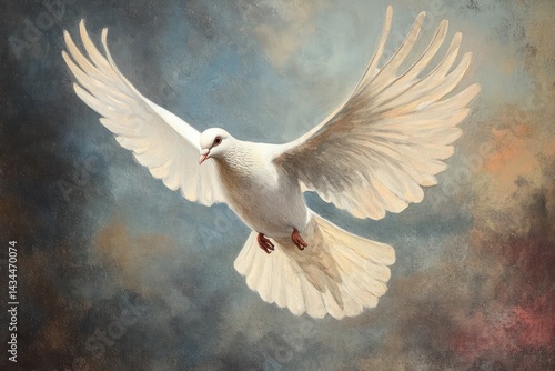 Graceful white dove flying freely in bright sky photo