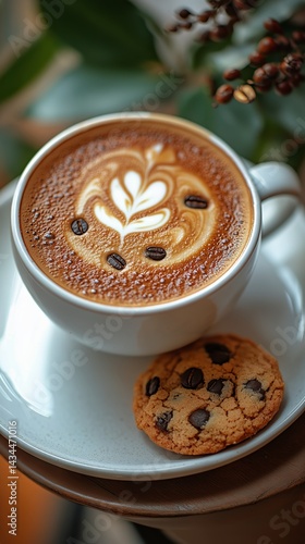 Delicious Coffee With Intricate Latte Art and a Chocolate Chip Cookie in a Co...