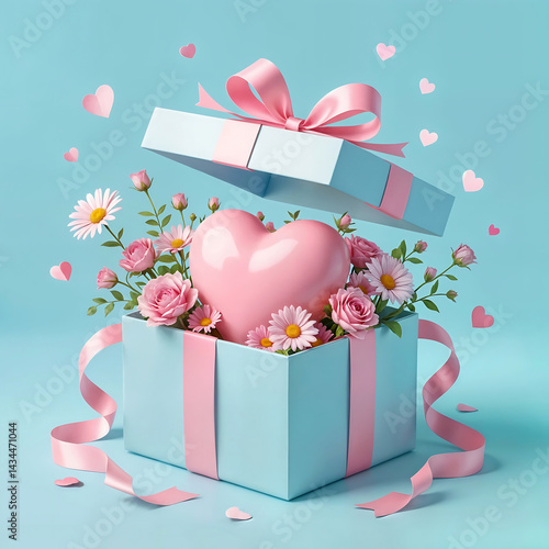 Cadeau ouvert avec un cœur rose et fleur à l'intérieur, isolé sur fond bleu, explosion de fleurs et de cœurs rose