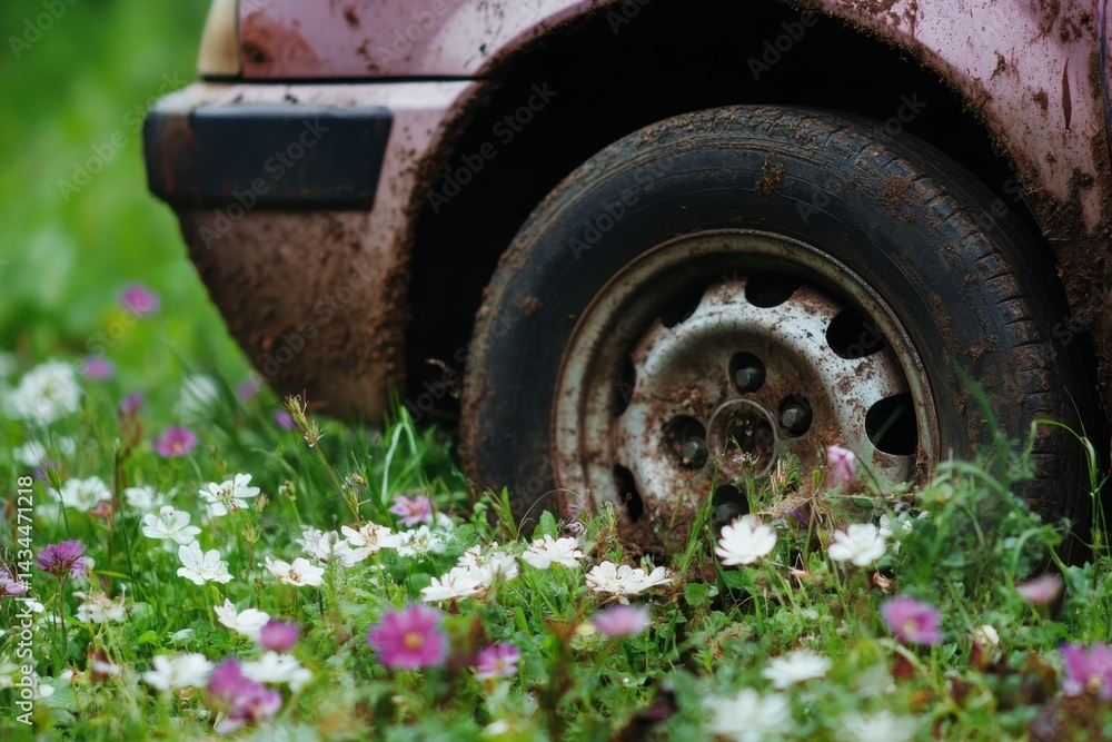 Fototapeta premium Old Car Wheel Amidst Wildflowers