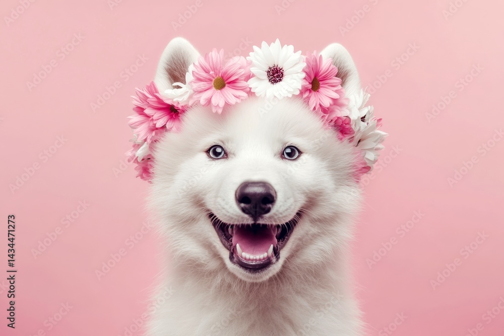 Isolated pink background, copy space, ad campaign concept art. Cute baby animal arctic wolf wearing untamed flower crown on its head - symbol of sunny holiday season. Isolated pink background, copy space, ad campaign concept art. Cute baby animal arctic wolf wearing untamed flower crown on its head - symbol of sunny holiday season.