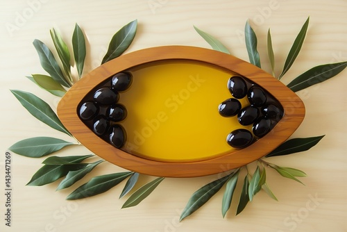 Black Olives and Olive Oil Presented on a Wooden Tray With Fresh Leaves in a Rustic Setting