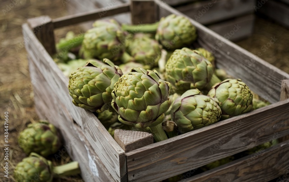 Fototapeta premium A wooden crate filled with green artichokes