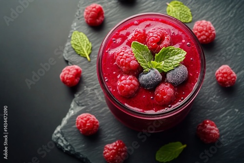 Refreshing Berry Smoothie With Mint Leaves Served on a Slate Plate