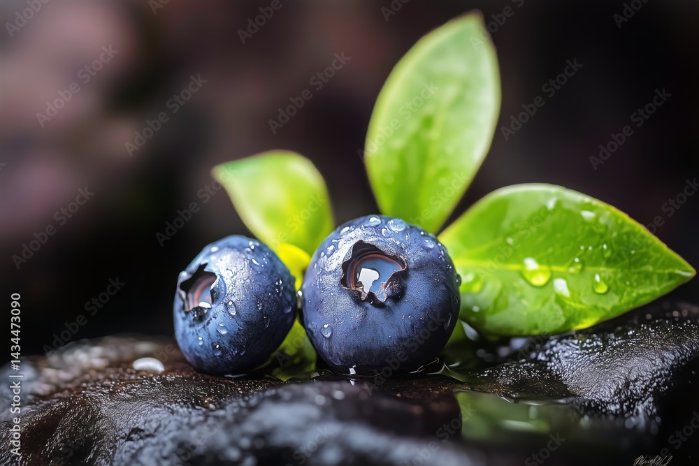 Fresh Blueberries With Droplets on Rocks and Green Leaves in a Natural Setting