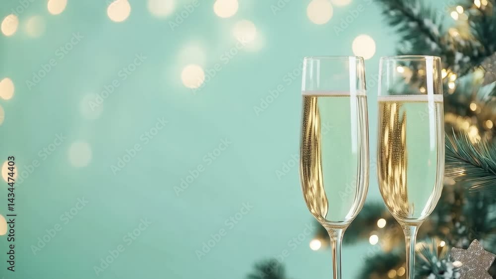 Champagne flutes filled with sparkling wine gleaming before decorated christmas tree branch against turquoise bokeh background, radiating festive celebration mood Champagne flutes filled with sparkling wine gleaming before decorated christmas tree branch against turquoise bokeh background, radiating festive celebration mood