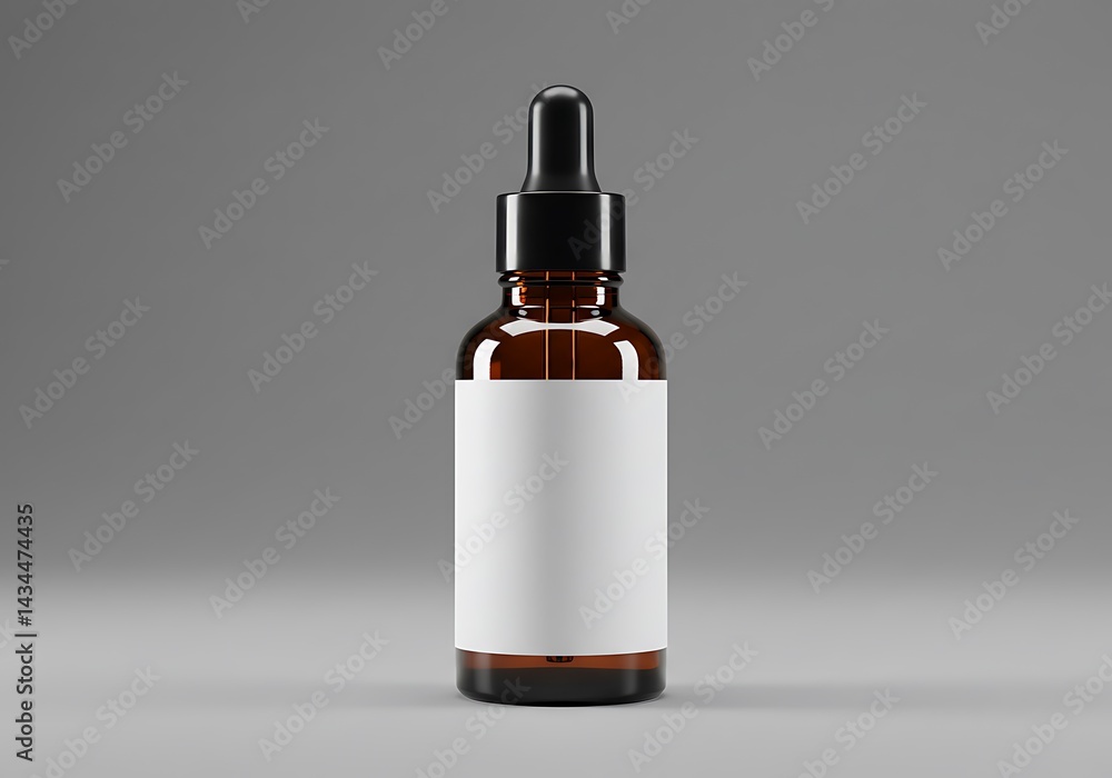 Naklejka premium Amber bottle mockup with dropper and label on gray surface