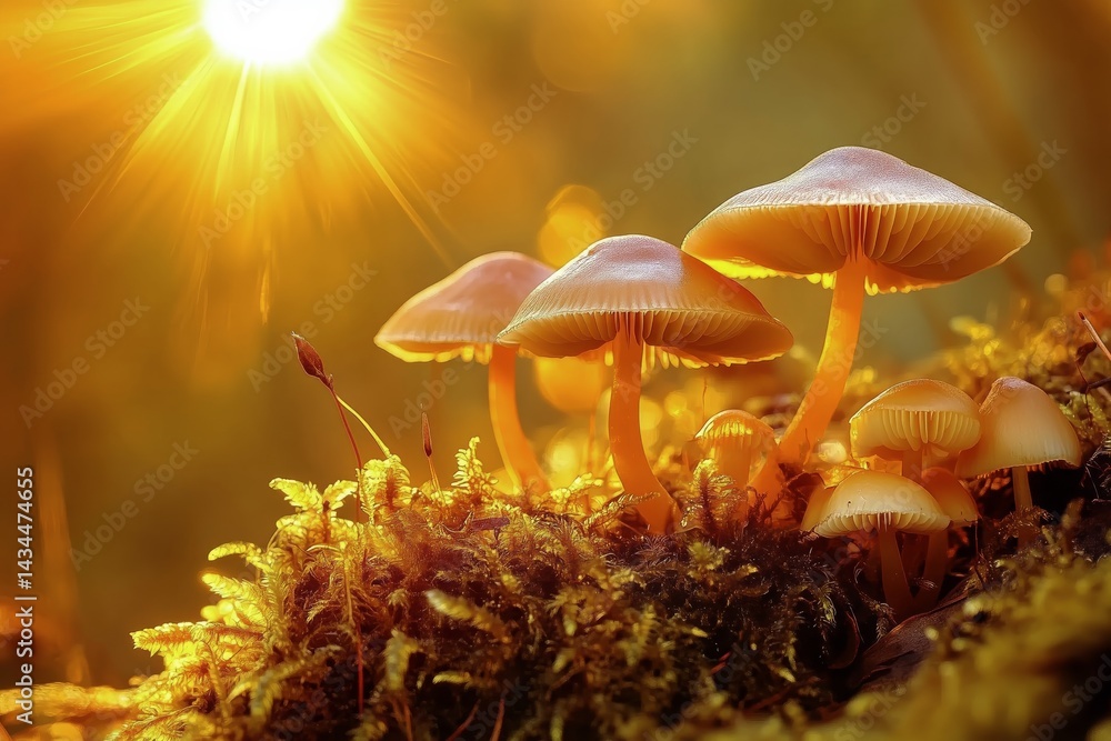 Sunlight Filters Through Trees Over a Cluster of Mushrooms in a Serene Forest Setting During Golden Hour