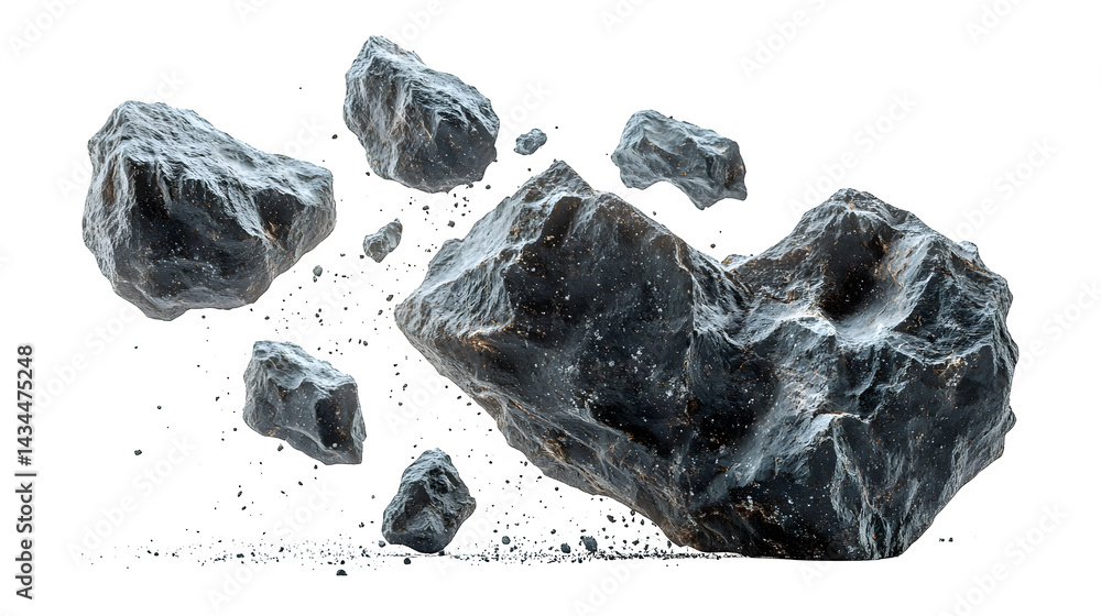 Naklejka premium Group of flying asteroids, rocky space debris, isolated on white background