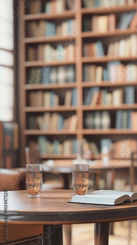 Cozy Reading Corner With Glasses of Tea and an Open Book in a Well-Stocked Library