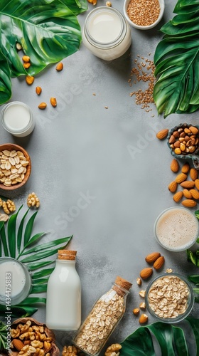 Obraz na płótnie Healthy Plant-Based Ingredients Arranged With Tropical Leaves on a Light Surface w salonie