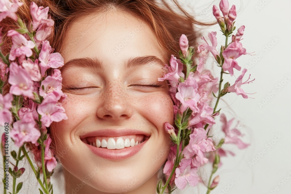 Smiling Woman with Pink Flowers Close-up