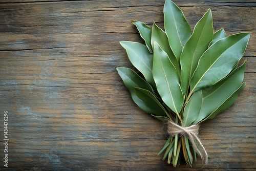 Fresh Bay Leaves Tied With Twine on Rustic Wooden Table for Culinary Use and Decoration
