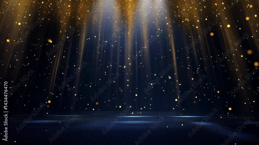 Golden particles are slowly falling on a dark blue glitter background illuminated by two spotlights, creating a magical and elegant atmosphere
