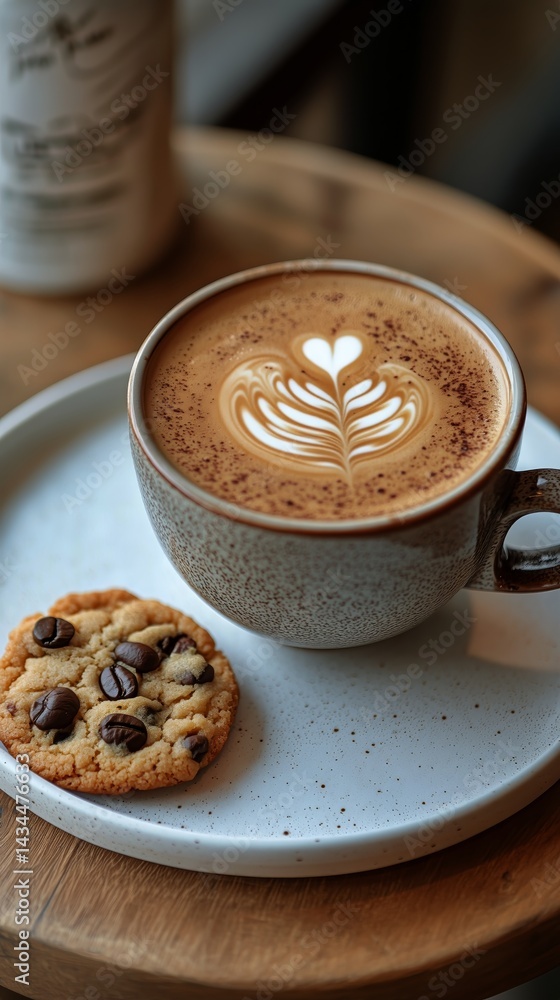 Enjoying Coffee With Latte Art and a Chocolate Chip Cookie on a Wooden Table