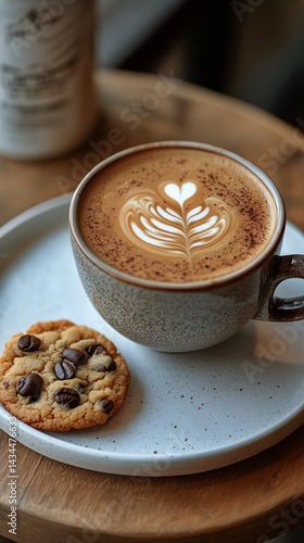 Obraz na płótnie Enjoying Coffee With Latte Art and a Chocolate Chip Cookie on a Wooden Table w salonie