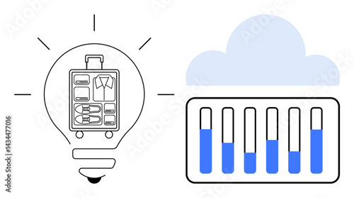 Light bulb with suitcase compartments symbolizes creative packing ideas cloud with data bars highlights digital organization and insights. Ideal for travel, creativity, innovation, storage