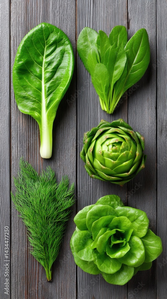 Fototapeta premium Fresh Green Vegetables on Wooden Background for Healthy Living