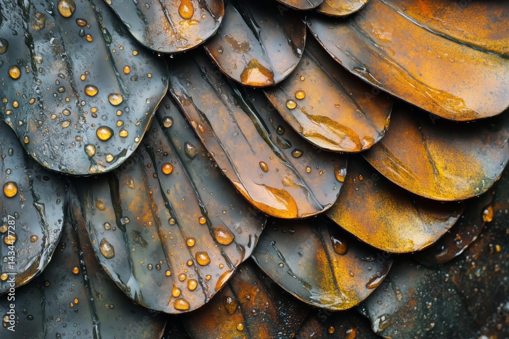 Close-up of Raindrops on Colorful Metallic Feathers Reflecting Natural Textures and Hues