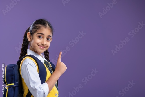 Happy indian kid primary elementary school girl with backpack wearing school uniform pointing fingers aside at copy space advertising products or services for pupils isolated on violet background
