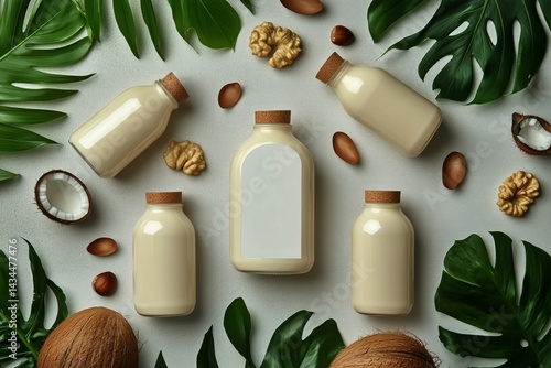 Plant Based Milk Bottles Surrounded by Nuts and Tropical Leaves on a Flat Sur...