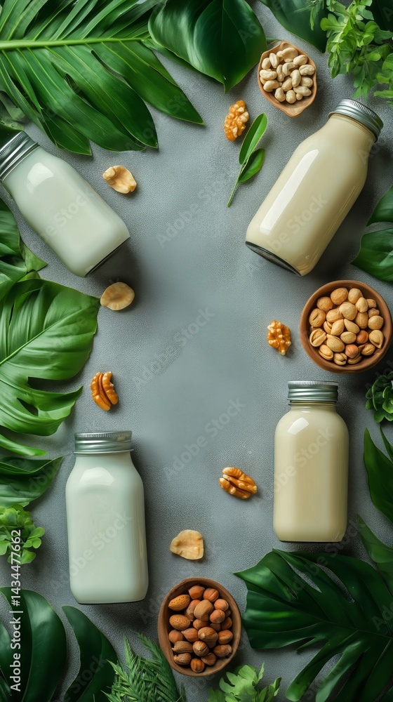 Different Kinds of Nut Milk Arranged With Nuts and Greens on a Flat Surface