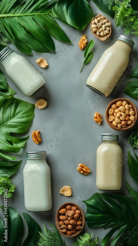 Obraz na płótnie Different Kinds of Nut Milk Arranged With Nuts and Greens on a Flat Surface w salonie