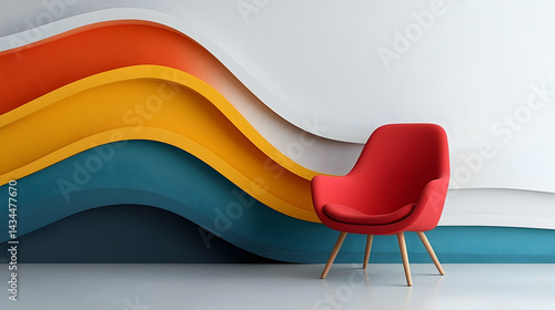 Red Chair in Modern Room with Colorful Wave Wall