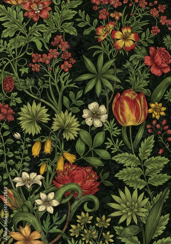Dark Green Floral Pattern with Red and Yellow Blooms