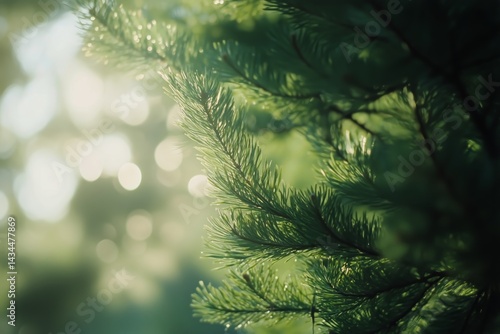 Sunlight Filtering Through Pine Branches in a Tranquil Forest Setting