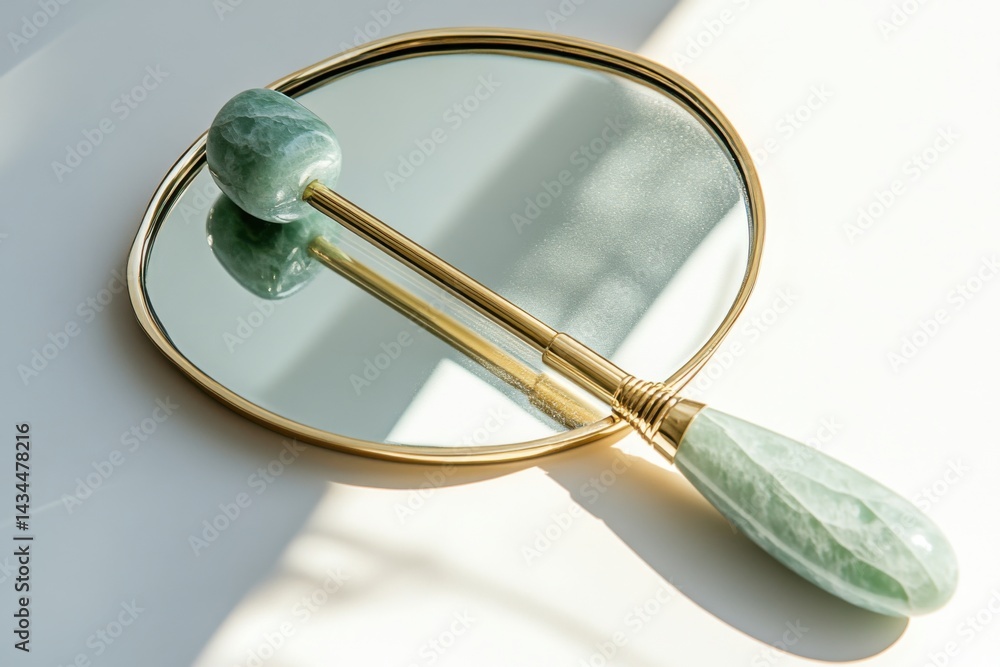 Jade Roller and Mirror on Sunlit Surface