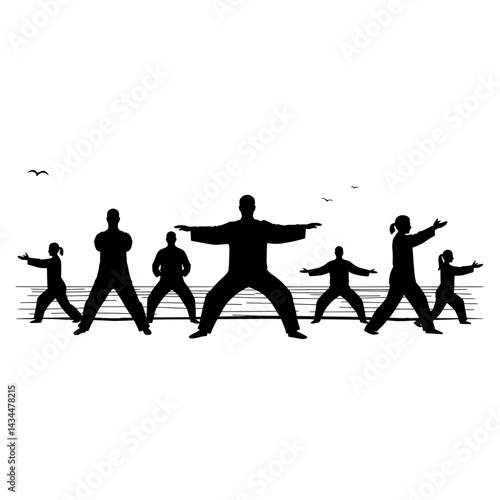 Group Tai Chi Practice on Beach Silhouette Vector for Outdoor Wellness