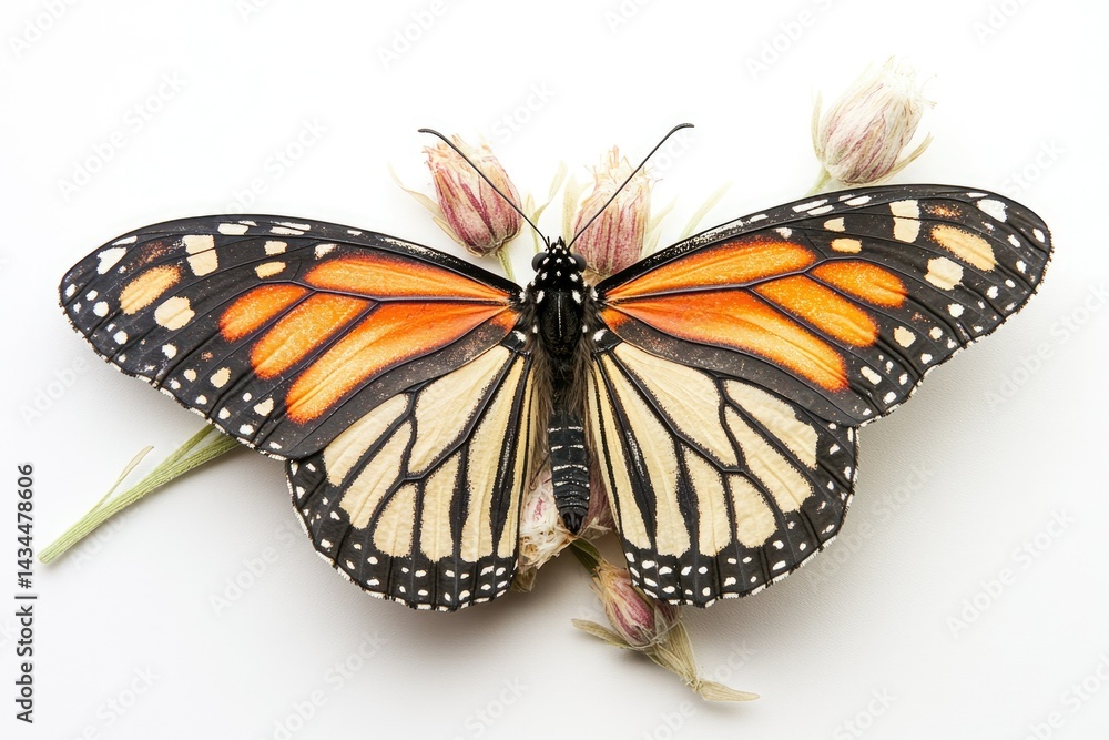 Fototapeta premium A vibrant monarch butterfly with striking orange and black wings rests delicately on dried flower buds against a white backdrop.