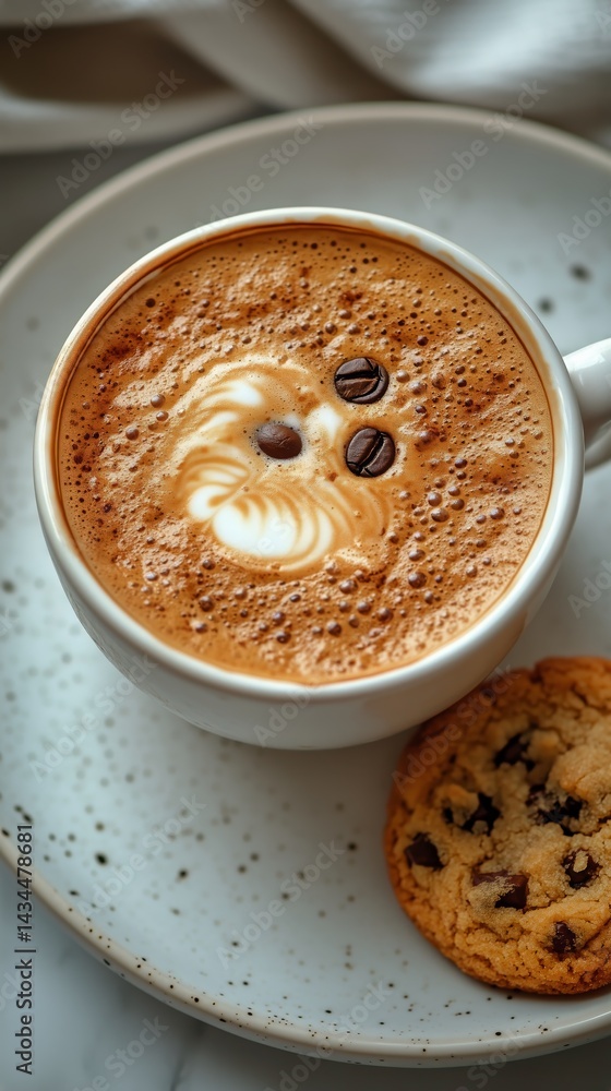 Creamy Coffee With Latte Art and Chocolate Chip Cookie on a Plate