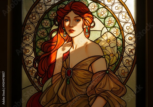 Elegant Art Nouveau Portrait Red-Haired Woman in Stained Glass, Vintage Beauty, Floral Frame, Antique Illustration.