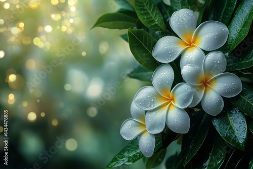 Plumeria Flowers Illuminated by Soft Light During a Quiet Morning in a Tropic...