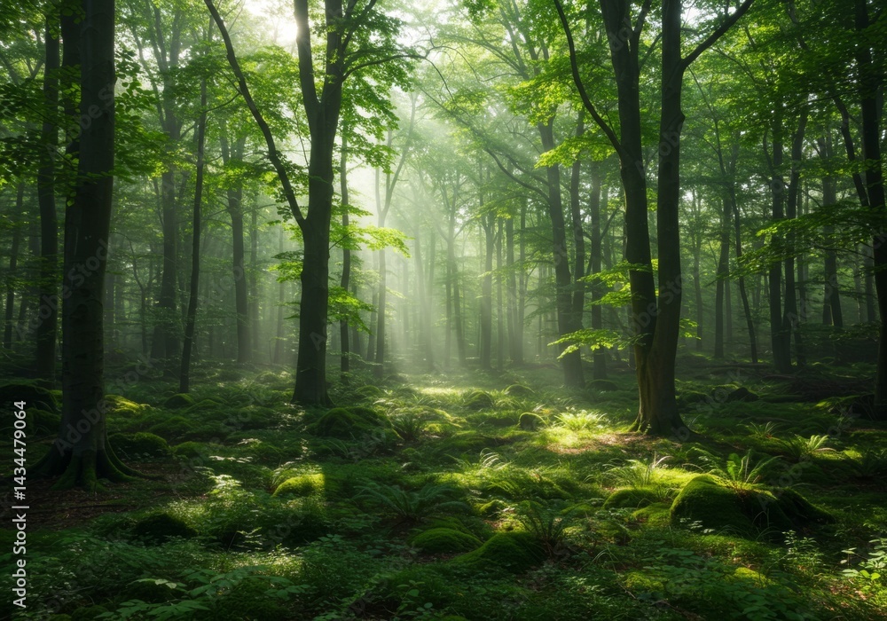 Obraz premium Sunlit Forest Path with Misty Fog