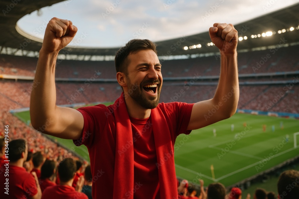 Exciting Celebration of a Sports Victory by a Passionate Fan in a Stadium During a Lively Match