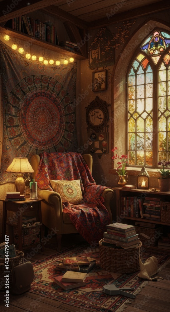Obraz premium Cozy Autumnal Room with Tapestry and Stained Glass Window