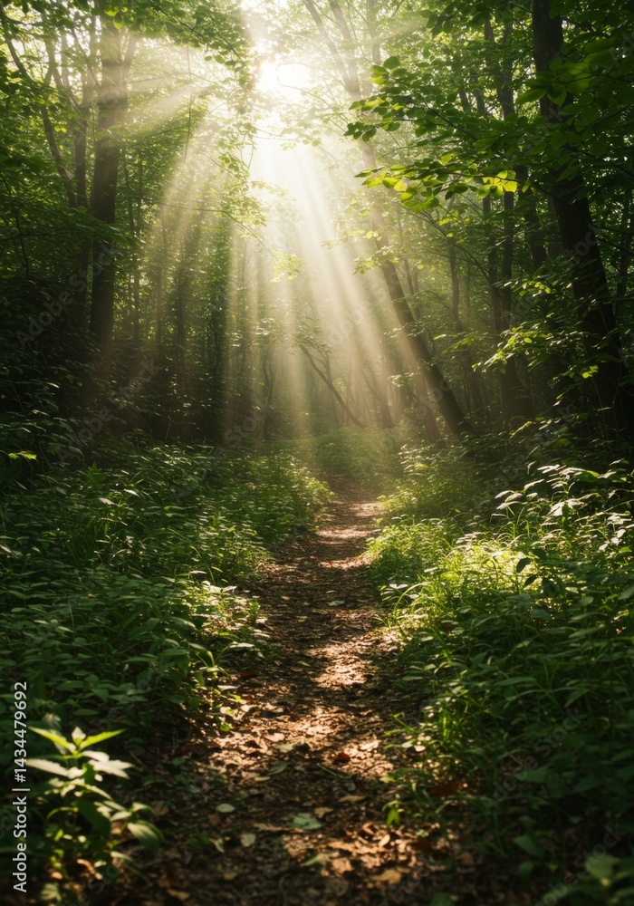 Fototapeta premium Sunlit Forest Path: Green Trees and Light Rays