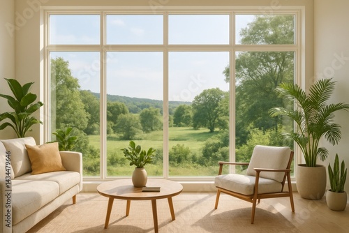 Fresh and Bright Living Room With Expansive View of Nature During Daytime