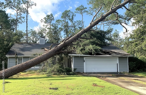 A large tree has fallen on a house, damaging the roof and garage