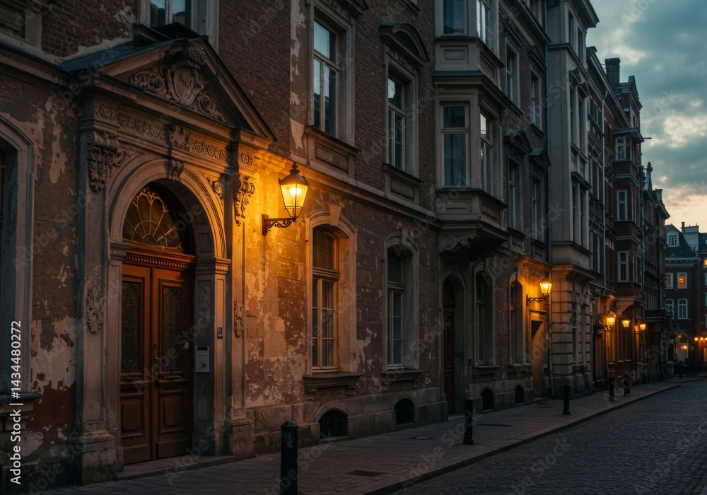 Fototapeta premium Old Town Street at Twilight with Cobblestone and Lamps