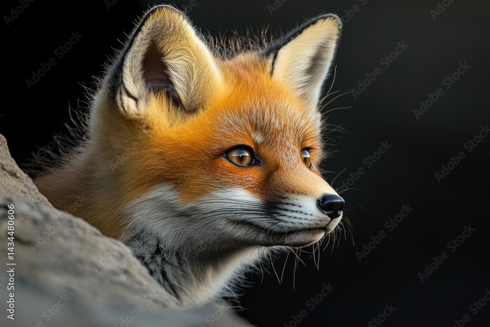 Fototapeta premium A red fox kit, alert and curious, peeks from behind a rock, its fur glowing in the sunlight.