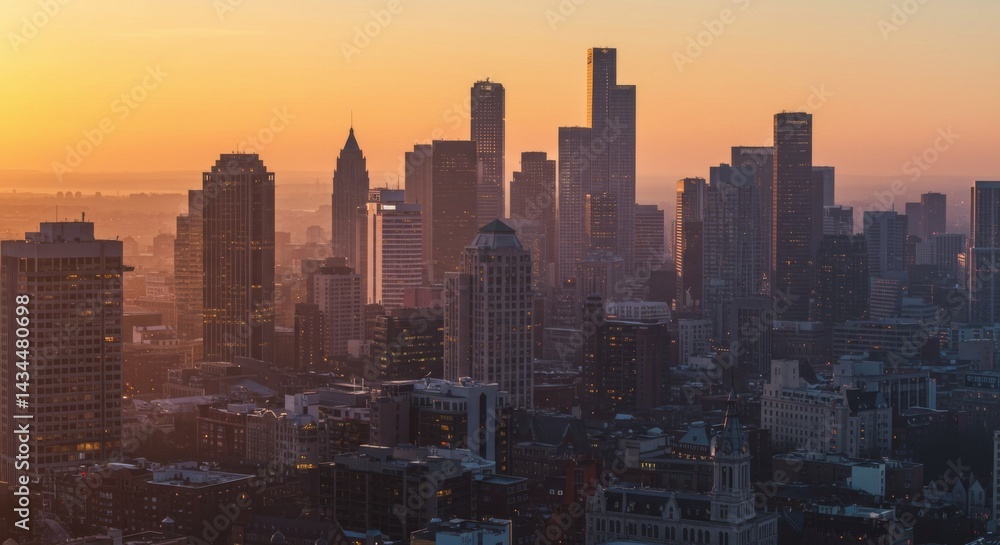 Fototapeta premium City Skyline at Sunset with Warm Golden Light