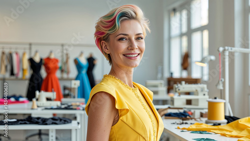 Obraz na płótnie Stylish adult positive woman fashion designer in studio w salonie